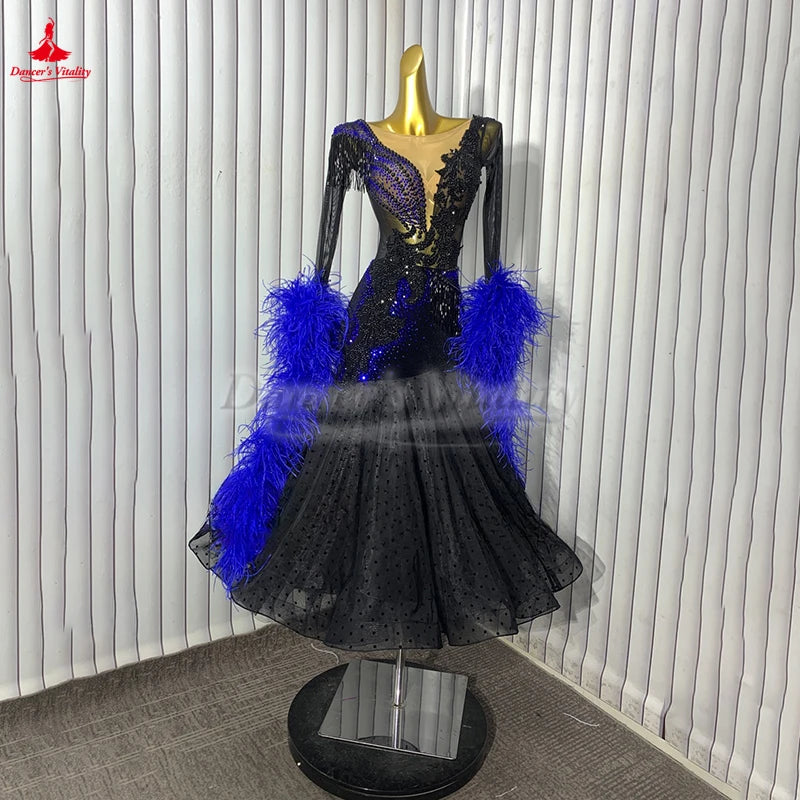 Adult Waltz Foxtrot Tango Quickstep Clothes The Back Can Be Customize in Height Female Ballroom Dance Wave Point Big Swing Dress