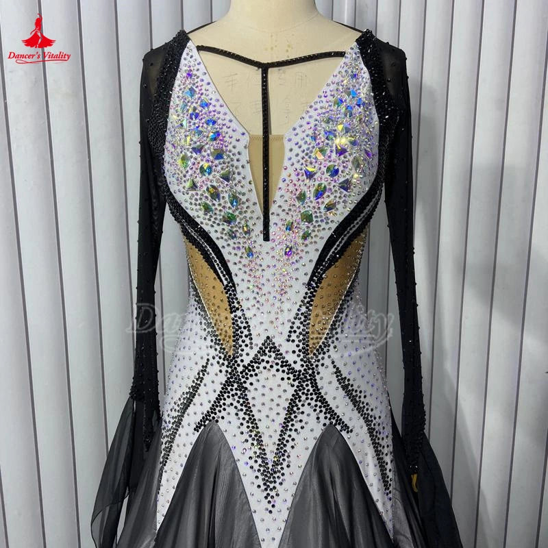 Women's Standard Ballroom Competition Dress With Long Sleeves And Full Swing Skirt For Waltz, Foxtrot, Tango, Quickstep