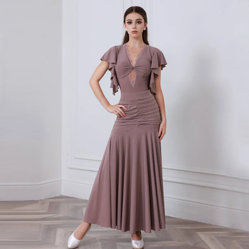 Women's Brown V-Neck Ruffle Sleeve Ruched Ballroom Dance Dress, Women's Black V-Neck Ruffle Sleeve Lace Pleated Hem Ballroom Dance Dress