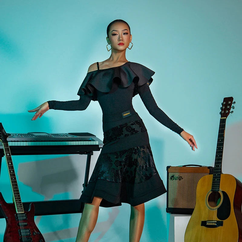 Women's Black & White Ruffled Off-Shoulder Long Sleeve Bodysuit and Floral Pattern Latin Dance Skirt