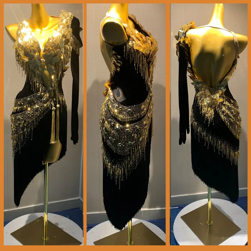 Women's Black & Gold Embellished Velvet Latin Rhythm Dance Dress with Fringe & Asymmetrical Hem