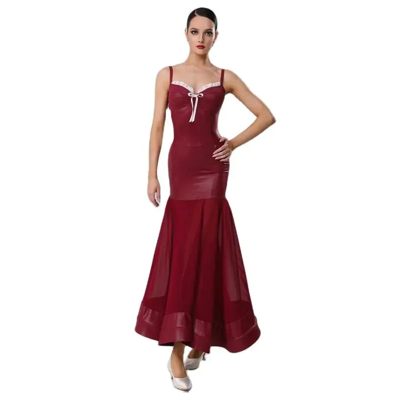 Women's Red Faux Leather & Chiffon Mermaid Latin Dance Dress with Ruffle Trim & Tie Detail