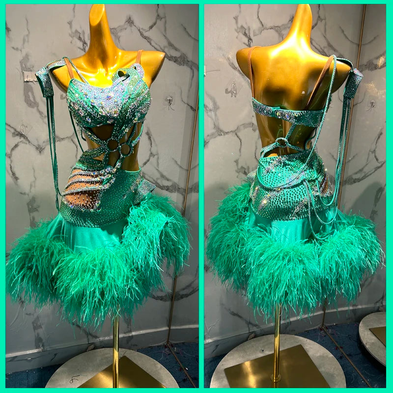 Women's Mint Green & Iridescent Sequin Feather Latin Dance Dress