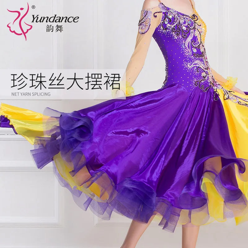 Women's Ballroom Dance Dress With Mosaic Applique And Pearl Details Silk Yellow And Purple For Competition