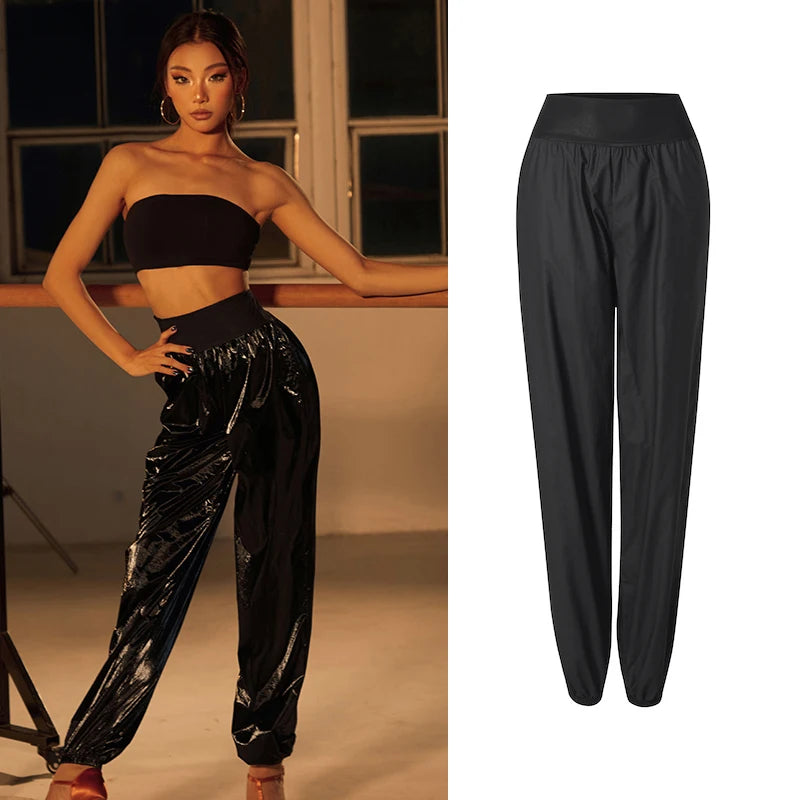 Women's Black Shiny High-Waist Loose Fit Jogger Dance Pants for Hip Hop