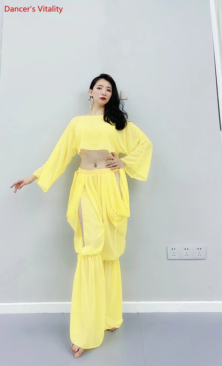 Women's Belly Dance Training Outfit With Long-Sleeve Top And Chiffon Lantern Pants