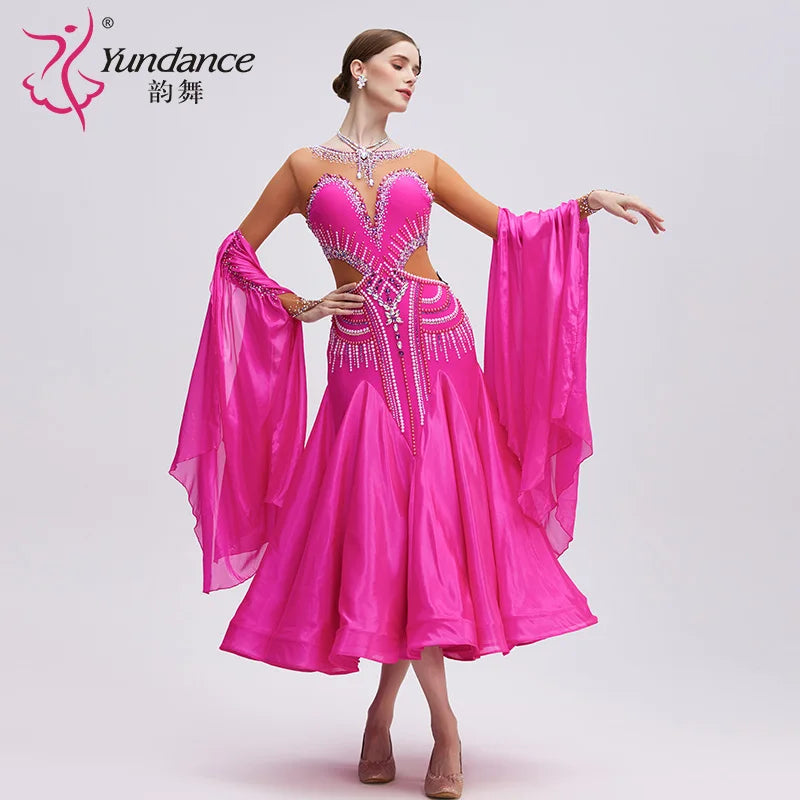 Women's Standard Ballroom Dance Dress Pearl Silk Rose Red For Competition