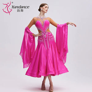 Women's Standard Ballroom Dance Dress Pearl Silk Rose Red For Competition
