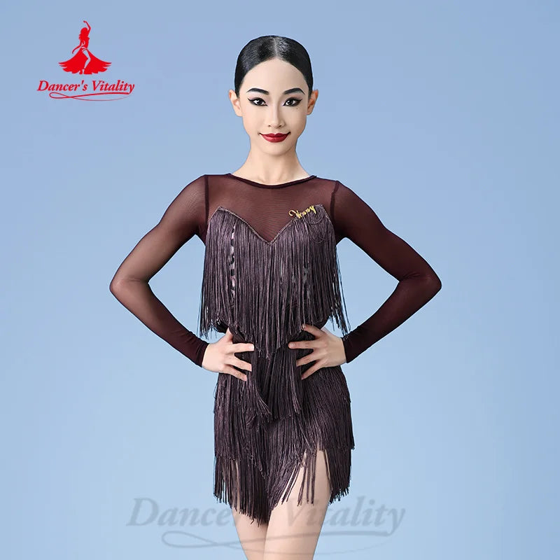 Women's Beige Fringe Latin Dance Dress with Long Sleeves, Ballroom Rumba Cha Cha Samba Tango Costume