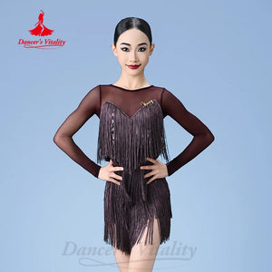 Women's Beige Fringe Latin Dance Dress with Long Sleeves, Ballroom Rumba Cha Cha Samba Tango Costume