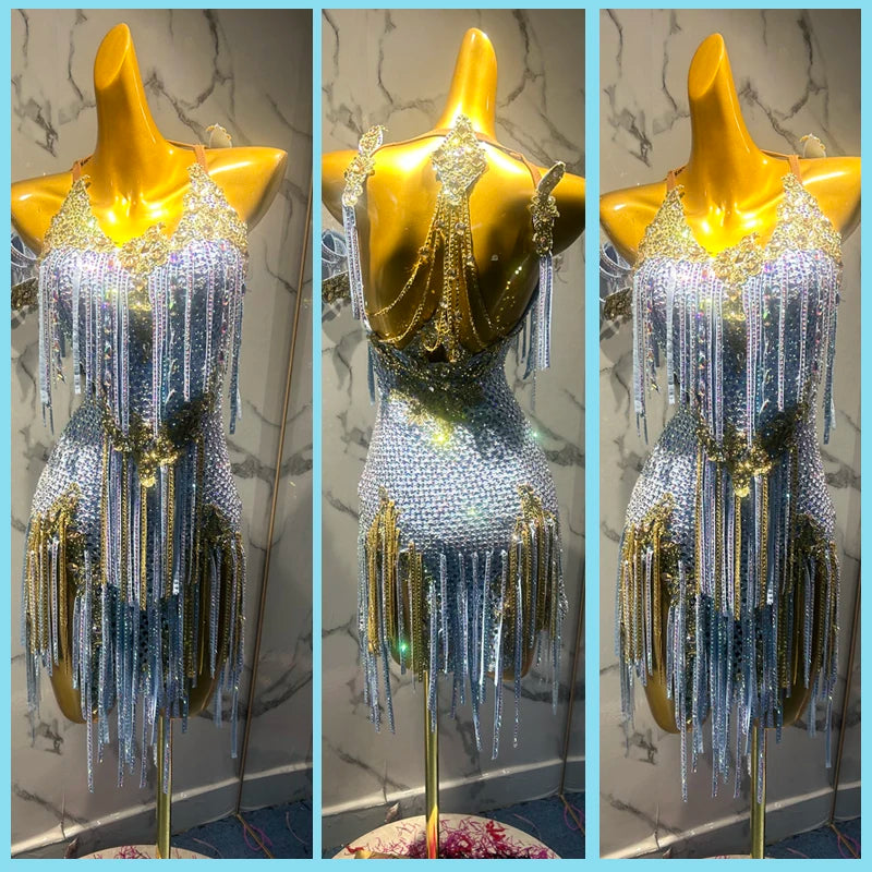 Women's Silver & Gold Sequin Fringe Latin Dance Dress with Halter Neck & Open Back