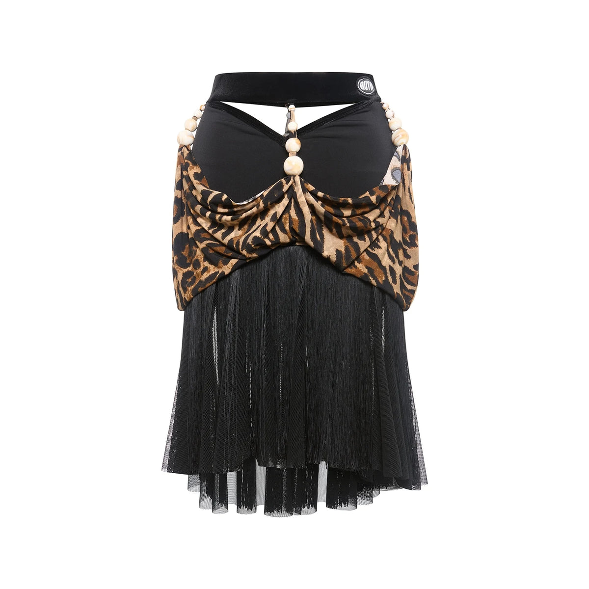 Ballroom Dance Dress Women's Leopard Print Black Halter Neck Draped Top with Matching Arm Sleeves and Beaded Skirt with Tulle Fringe