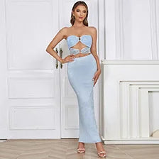 Women's Sequined Cut-Out Blue Long Evening Dress, Slim Fit Hip-Length, Casual Stylish