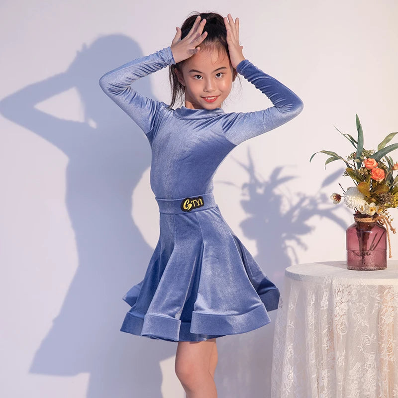 Girls Latin Dance Dress, Pink Velvet Long Sleeve Ruffled Skirt Ballroom Performance Costume