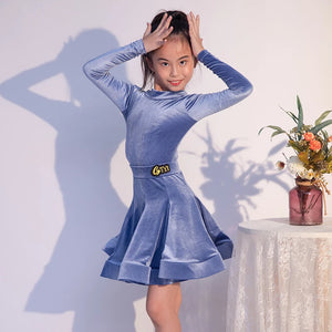 Girls Latin Dance Dress, Pink Velvet Long Sleeve Ruffled Skirt Ballroom Performance Costume