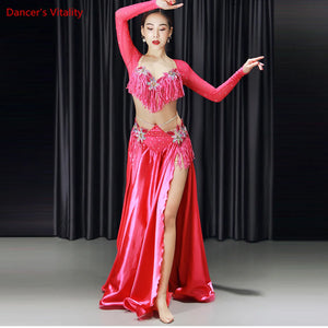 Women's Blue Sequin Fringe Long Sleeve Belly Dance Costume with Flowing Skirt