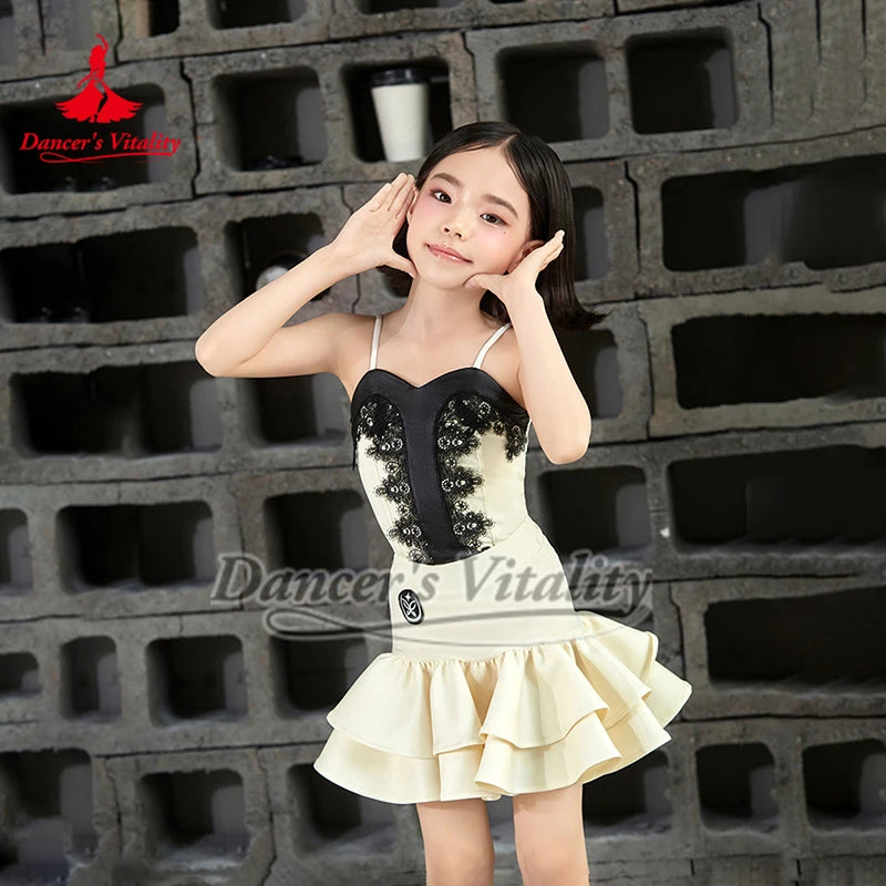 Girls' Ivory & Black Lace Spaghetti Strap Ruffle Latin Dance Dress