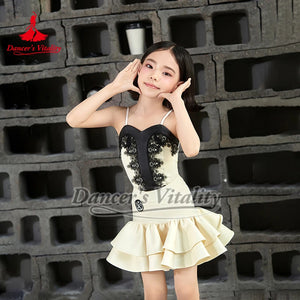 Girls' Ivory & Black Lace Spaghetti Strap Ruffle Latin Dance Dress