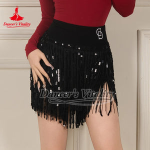 Women's Red Sequin Fringe Latin Dance Skirt with Fishnet Tights