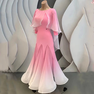 Ballroom Dance Dress Women Pink Ombre Chiffon & Spandex Long Sleeve Cape Back Ribbon Tie Standard Smooth Foxtrot Waltz Tango