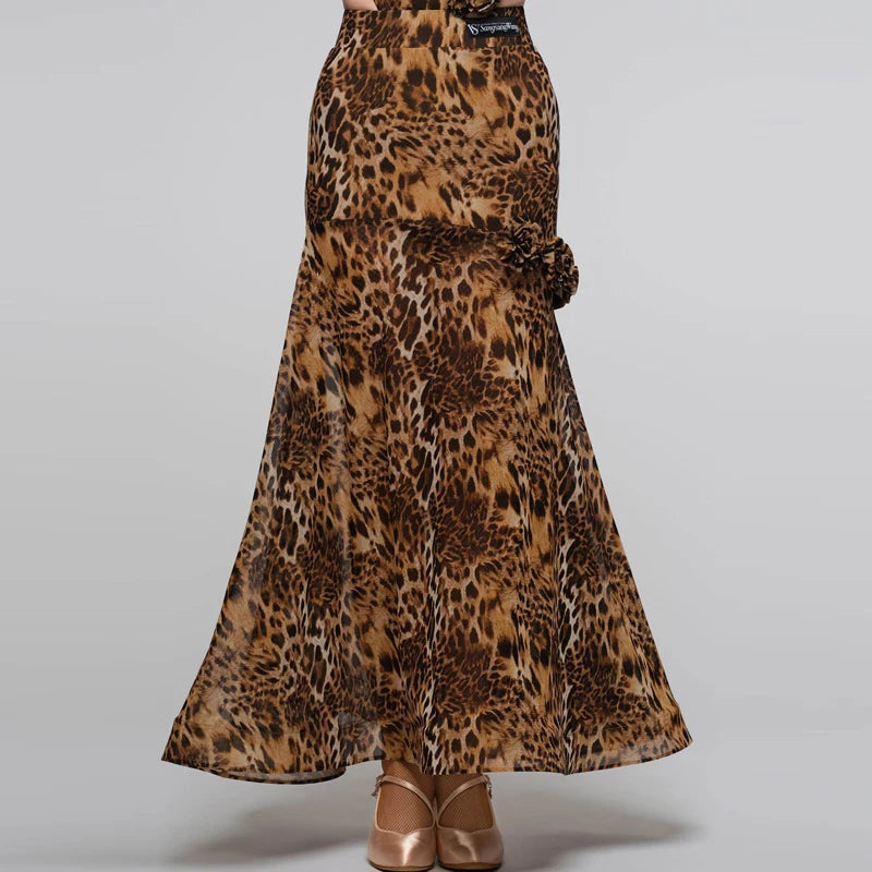 Women's Brown Leopard Print Latin Dance Dress with Black Lace, High-Low Hem, and Ruffled Detail