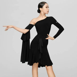 Women's Black & White One-Shoulder Ruched Latin Dance Dress with Flowing Sleeves