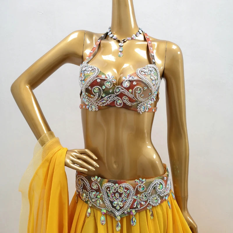 Belly Dance Costume Women's Yellow Sequin & Bead Embellished Chiffon Bra Top and Slit Skirt Set