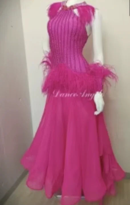Ballroom Dance Dress Women's Fuchsia Pink Beaded Feathered Halter Neck Chiffon Gown