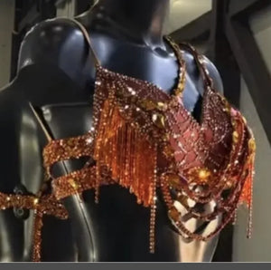 Latin Dance Top and Skirt Set, Women's, Red and Copper, Beaded Fringe Rhinestone Embellished, Ballroom Dance