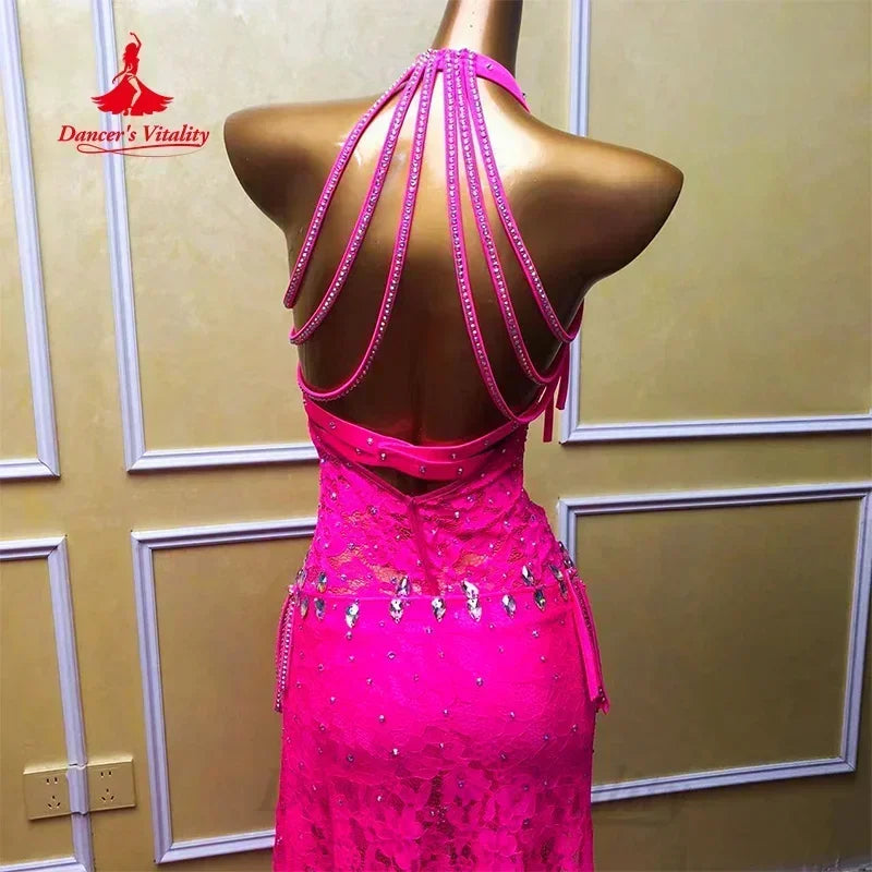 Women's Hot Pink Lace Halter Neck Rumba Latin Dance Dress with Slit & Fringe Detail