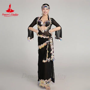 Belly Dance Costume Women's Lime Green Sequin Embellished Long Sleeve Bra Top & Skirt Set for Performance