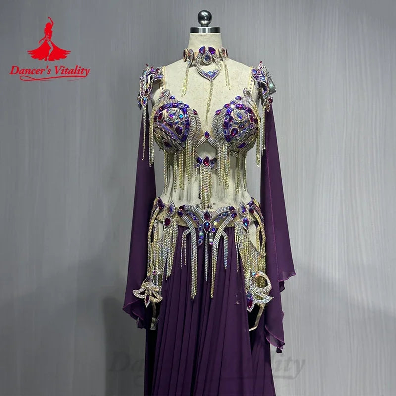 Women's Belly Dance Costume Set With Rhinestone Tassel For Professional Performance
