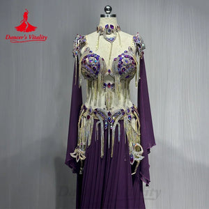 Women's Belly Dance Costume Set With Rhinestone Tassel For Professional Performance
