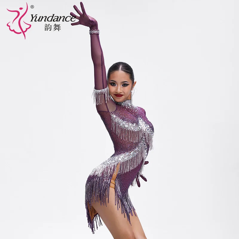 Latin Ballroom Dance Dress With Rhinestones And Tassel Fringe Multiple Colors For Adults And Kids Competition
