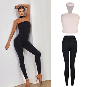 Women's Black Strapless Halter Neck Unitard with High-Waist Leggings, Stretch Fabric, Latin Ballroom Dance
