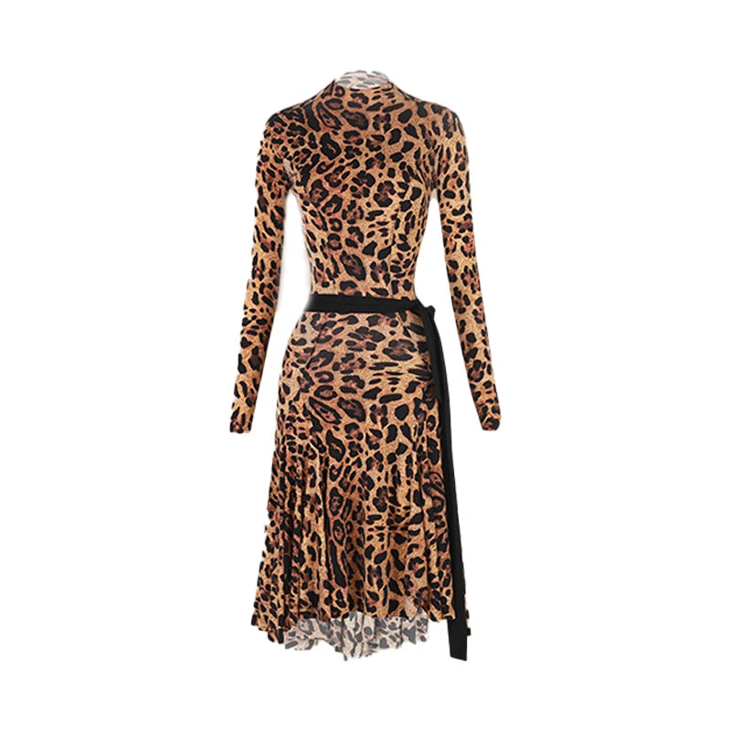 Women's Leopard Print Long Sleeve High Neck Latin Dance Dress with Black Tie-Waist, Asymmetrical Hem