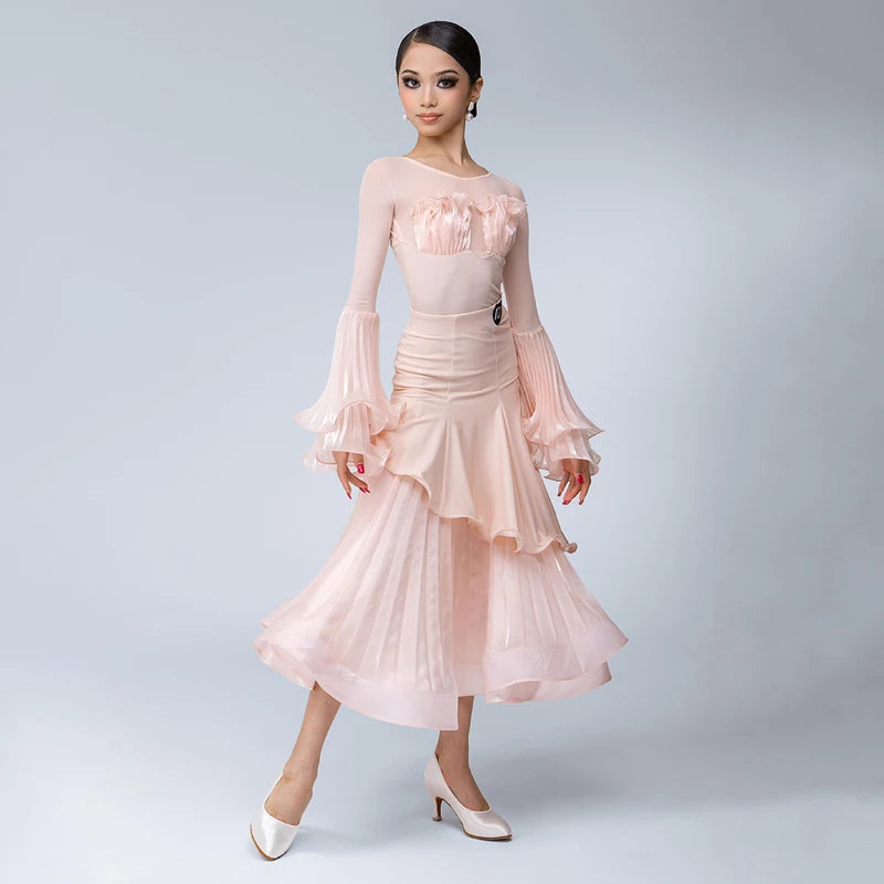 Women's Peach Ruffled Mesh Long Sleeve Ballroom Dance Dress with Layered Skirt
