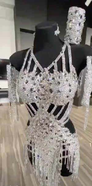 Women's Silver Sequin & Fringe Latin Dance Dress with Cut-Out Details