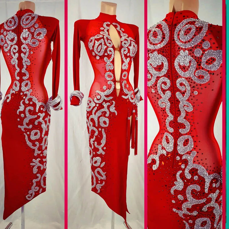 Latin Dance Dress Women's Red Silver Embellished Mesh Asymmetrical Rhinestone Tasseled Slit Long Sleeve