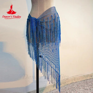 Belly Dance Hip Scarf, Women's Teal Blue Sequin Fringe Mesh Skirt, Latin Dance Hip Wrap