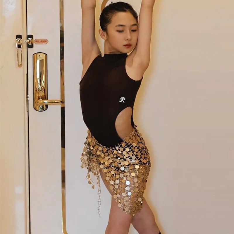 Girls' Black Sleeveless Mock Neck Leotard with Gold Sequin Mesh Skirt Latin Dance Dress