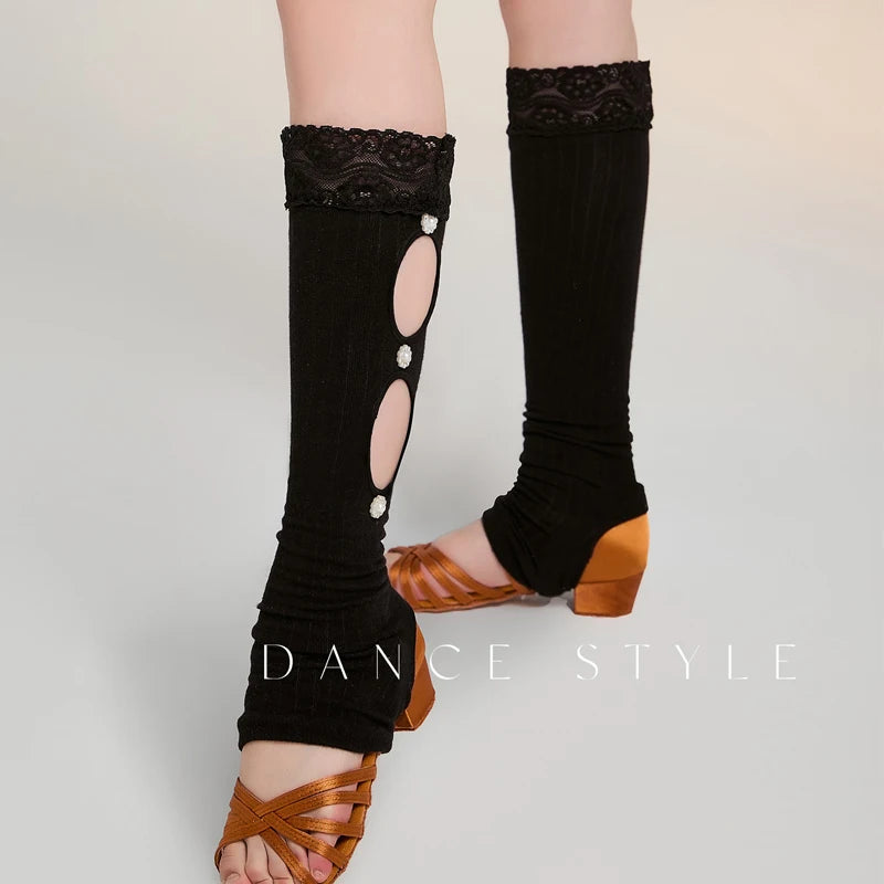 Dance Leg Warmers Women's Black Lace Trim Cutout Embellished Ribbed Knit Latin Dance Warm-up Wear