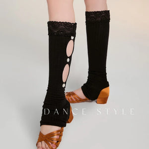 Dance Leg Warmers Women's Black Lace Trim Cutout Embellished Ribbed Knit Latin Dance Warm-up Wear