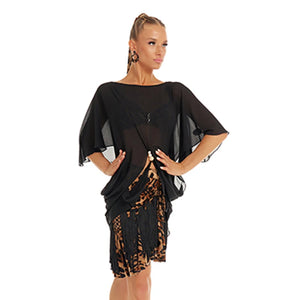 Women's Black Chiffon Batwing Sleeve Top with Leopard Print Fringe Latin Dance Skirt