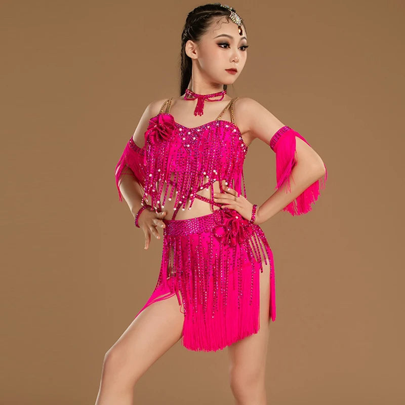Girls' Hot Pink Sequin Fringe Latin Dance Costume Set with Headpiece and Armbands