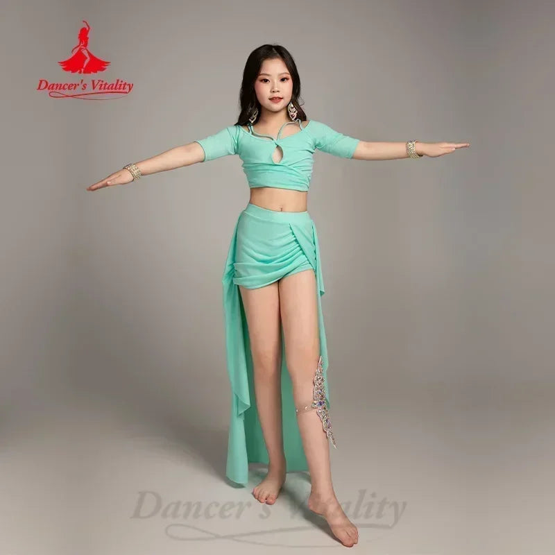 Kids Girls Orange Belly Dance Costume Set with Flowy Skirt and Rhinestone Leg Decal