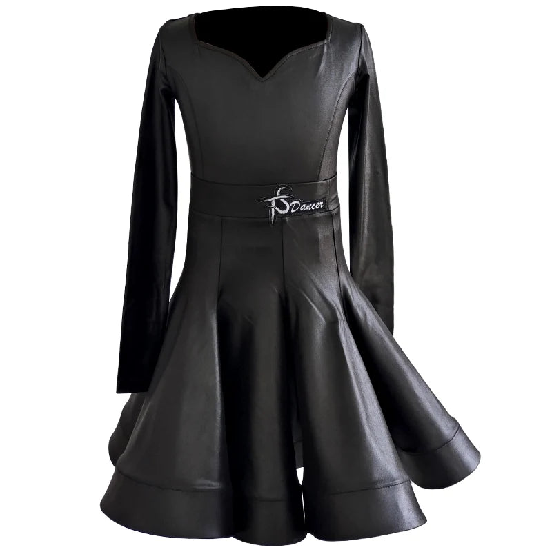 Girls Latin Dance Dress, Brown Red Black White Faux Leather Long Sleeve Skirt