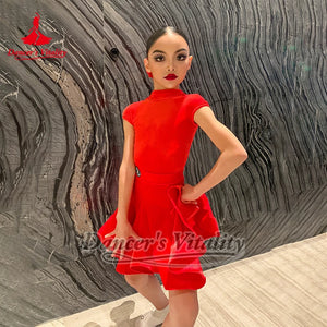 Kids Latin Dance Dress Red Short Sleeve Ruffled Skirt Performance Ballroom Competition Costume