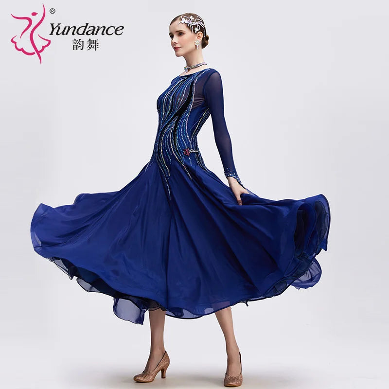 Women's International Standard Ballroom Dance Dress Long Chiffon Navy For Competition