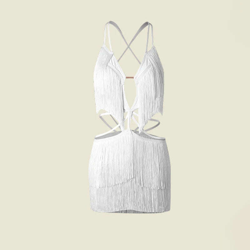 Lyrical Dance Dress Women's Pink Fringe Cutout Halter Mini Dress, Latin Dance Dress Women's Black Fringe Cutout Halter Mini Dress, Latin Dance Dress Women's White Fringe Cutout Halter Mini Dress